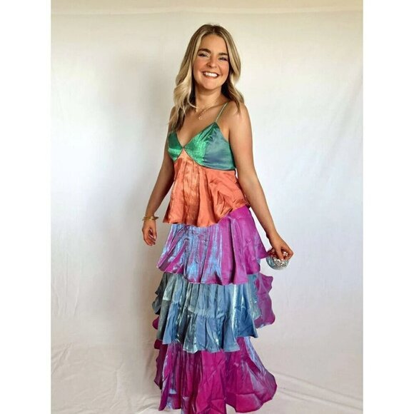 Harvest Hour Tiered Colorblock Dress in Emerald/Purple - Picture 3 of 4